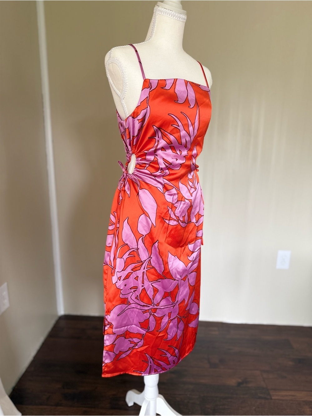 Christian Lacroix Red Lilac Floral Slip Midi Dress Cut Out Detail Tie Waist M - Picture 3 of 8